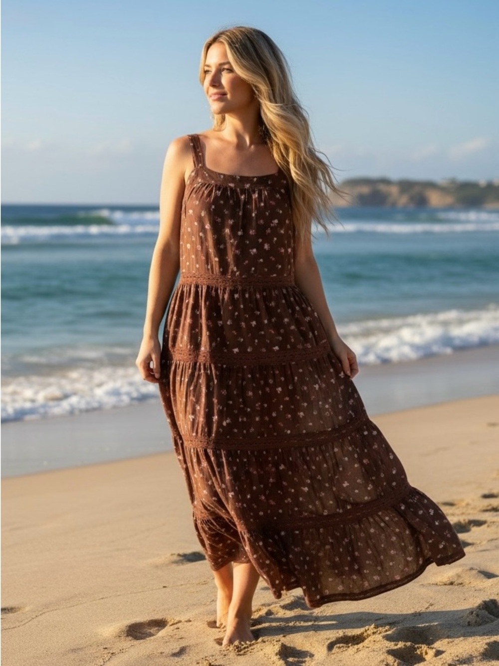 Lucky Brand Brown Floral Tiered Maxi Dress